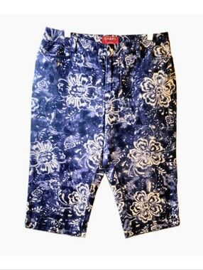 Chaps Denim Capri Pants Womens Size 6 Petite Blue White Floral Print Summer